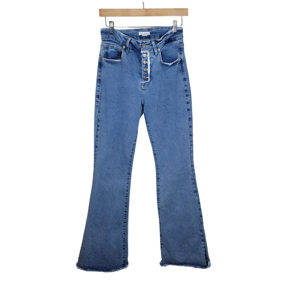 Good American Button Fly Raw Hem Wide-Leg Jeans Size 28 Boho Western Festival - Picture 2 of 9